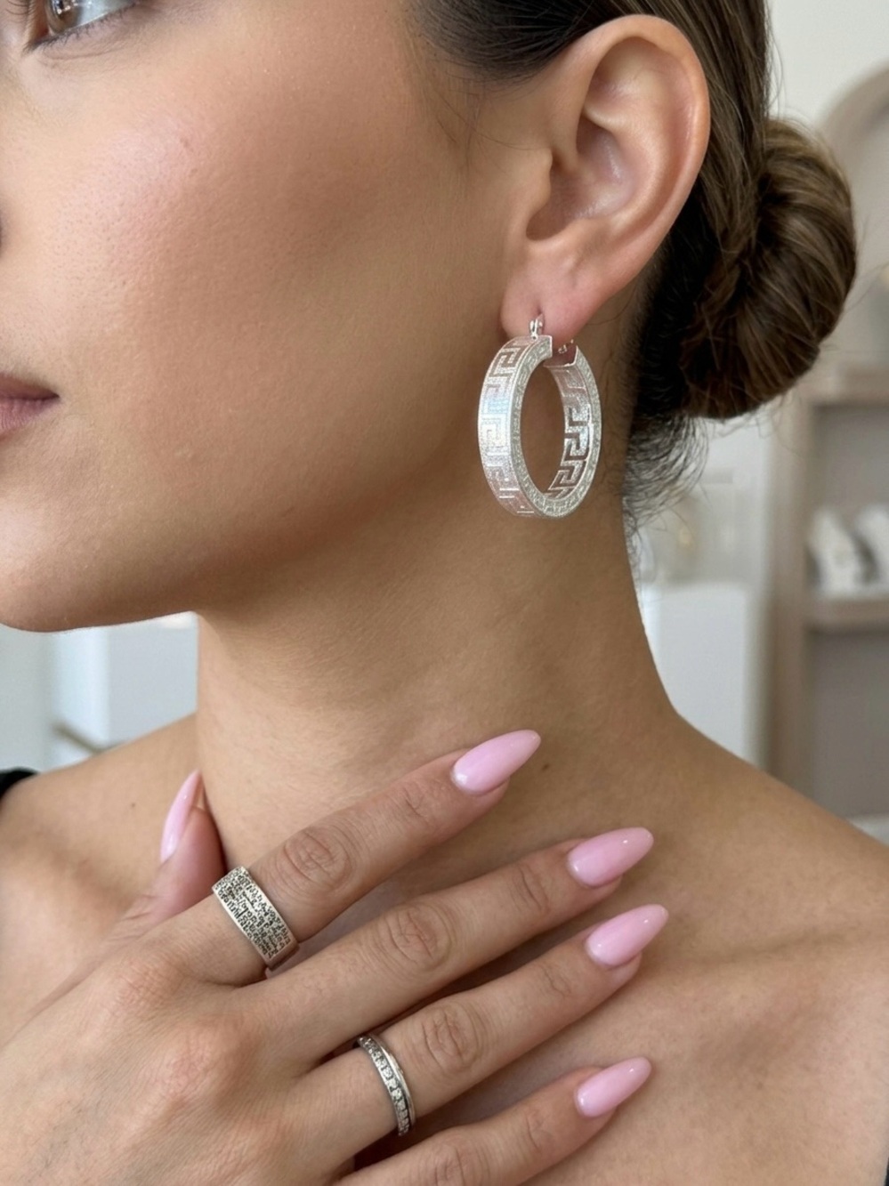 42: Mia Fiore Sterling Silver Greek Key Hoop Earrings